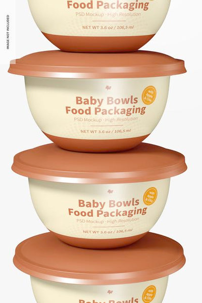 Free Baby Bowls Food Packaging Mockup, Close-Up Psd