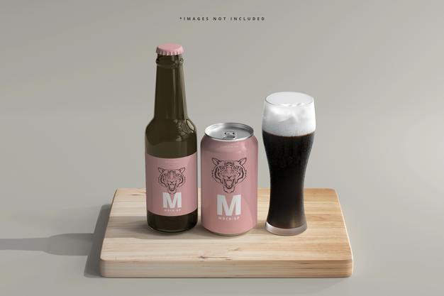 Free 330Ml Medium Size Soda Or Beer Can And Bottle Mockup Psd