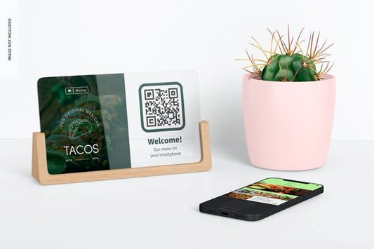 Free Acrylic Qr Menu With Plant Pot Mockup Psd