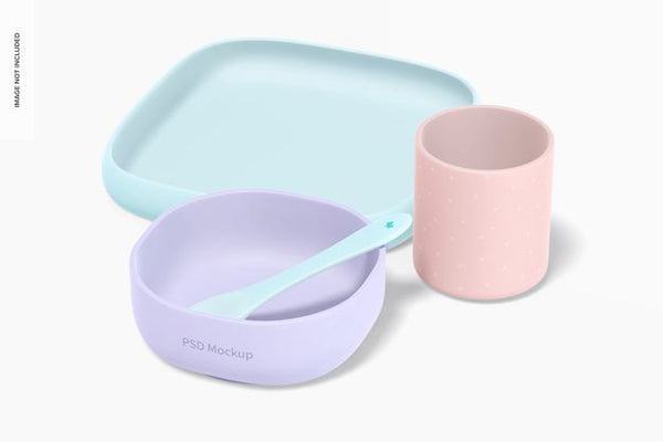 Free Baby Silicone Crockery Kit Mockup, Right View Psd