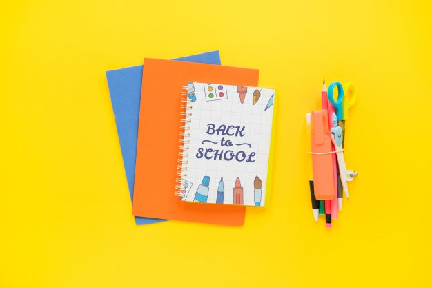 Free Back To School Mockup With Notebook Cover On Papers Psd