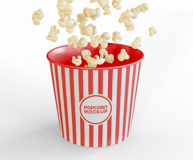 Free Bucket With Popcorn Flying Mockup Psd