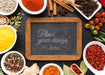 Free Chalkboard With Wooden Frame Mock-Up Surrounded By Spices And Herbs Psd