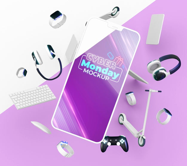 Free Cyber Monday Sale Arrangement With Smart Phone Mock-Up Psd