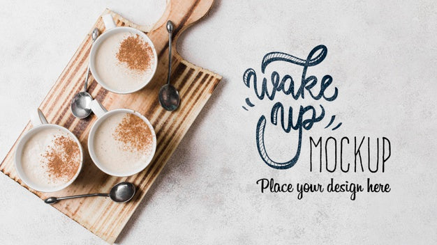 Free Delicious Coffee With Milk On Cutting Board Mock-Up Psd