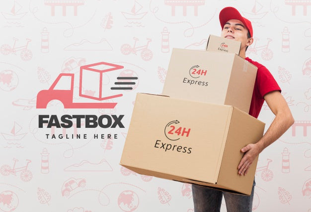 Free Delivery Man Holding Three Parcels Mock-Up Psd
