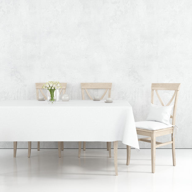 Free Dining Table Mockup With White Cloth And Wooden Chairs Psd