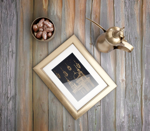 Free Flat Lay Islamic New Year Arrangement With Frame And Teapot Psd