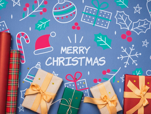 Free Flat Lay Of Colorful Christmas Gifts Mock-Up Psd