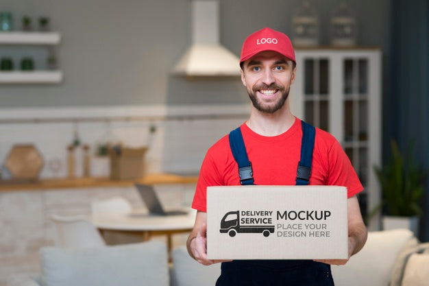 Free Front View Of Delivery Man In House Psd