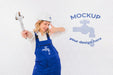 Free Front View Of Female Plumber In Uniform With Wrench Psd