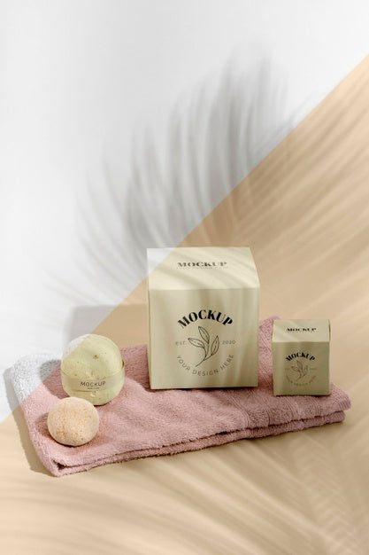Free High Angle Boxes, Bath Bombs On Towel Psd