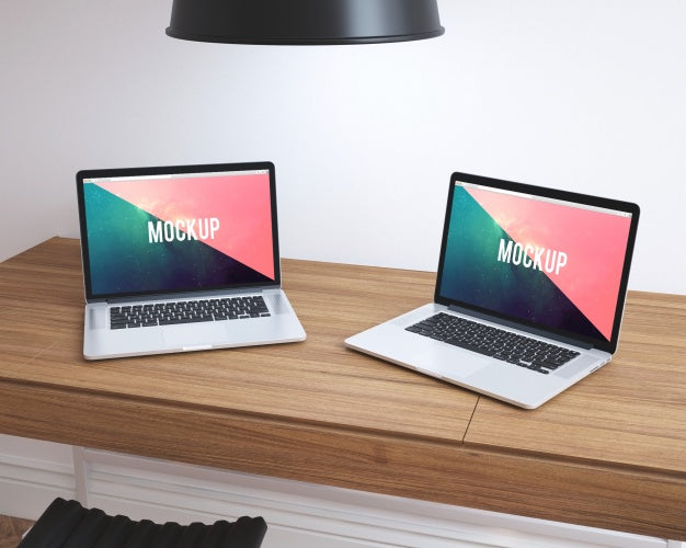 Free Laptops On Wooden Desktop Mock Up Psd