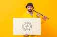 Free Man Holding Rod And Mock-Up Horizontal Card Psd