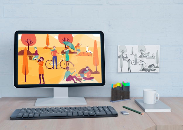 Free Mock-Up Monitor With Colorful Draw Psd