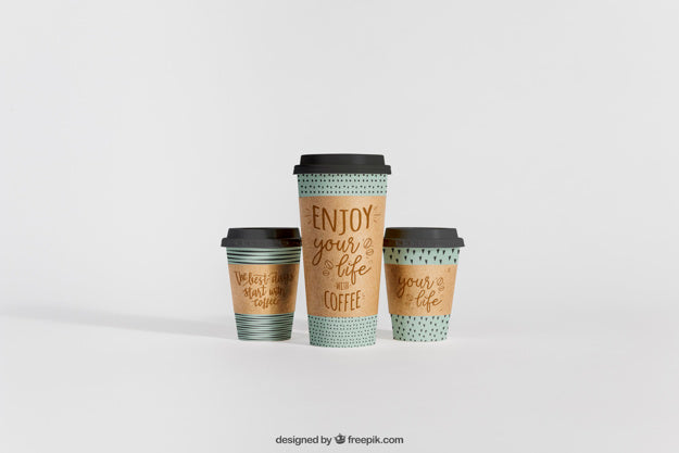 Free Mockup Of Three Coffee Cups Of Different Sizes Psd