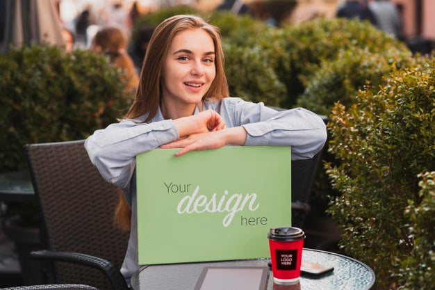 Free Modern Blonde Girl Holding A Banner Mock-Up Psd
