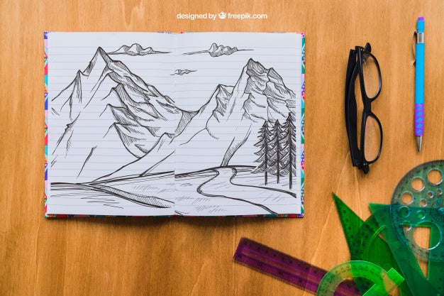 Free Pencil Drawing Of Mountains With Glasses, Pen And Straightedges Psd