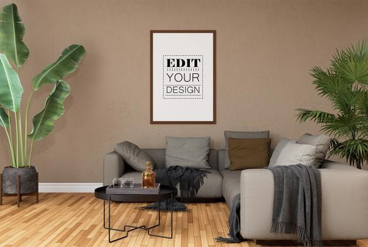 Free Poster Frame In Living Room Psd Mockup Psd