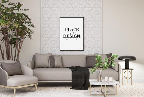 Free Poster Frame In Living Room Psd Mockup Psd