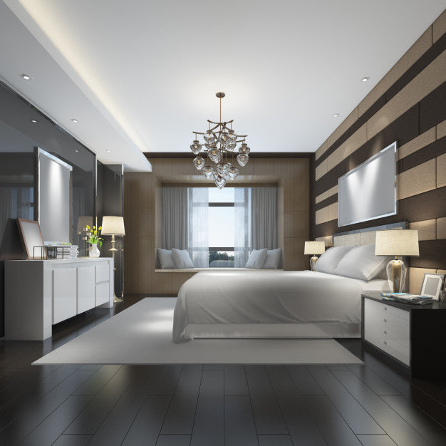 Free Realistic Modern Double Bedroom With Furniture And A Frame Psd