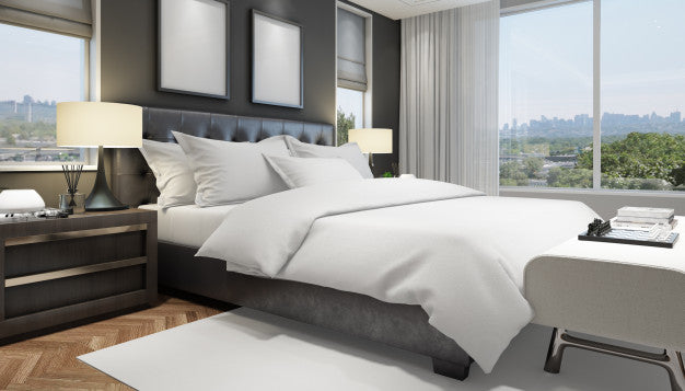Free Realistic Modern Double Bedroom With Furniture And A Frame Psd
