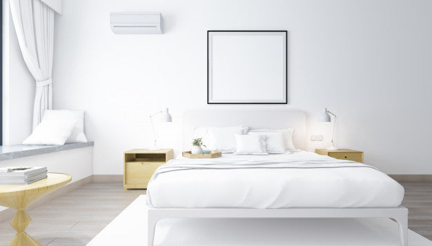 Free Realistic Modern Double Bedroom With Furniture And A Frame Psd