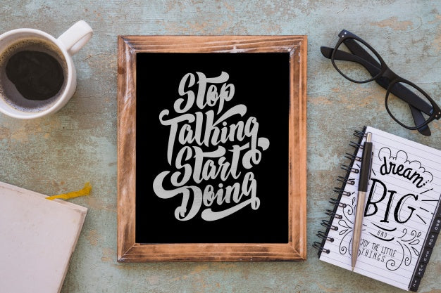 Free Slate Mockup With Coffee And Notepad Psd