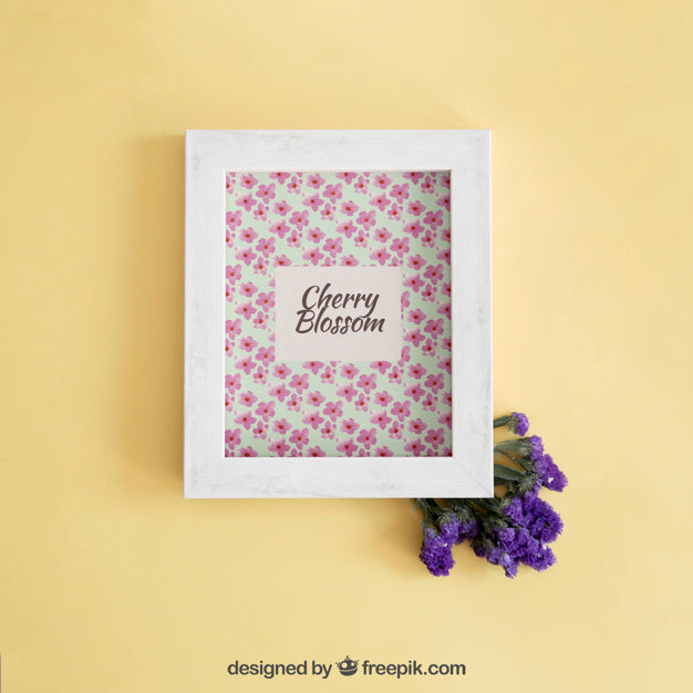Free Spring Mock Up With Frame And Purple Flowers Psd