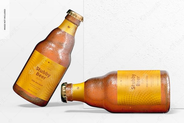 Free Stubby Beer Bottles Mockup, Leaned Psd