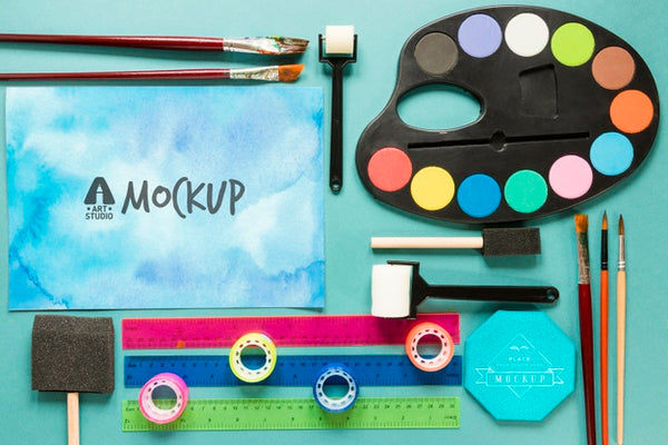 Free Top View Artistic Paint Accessories With Mock-Up Psd