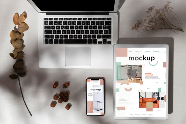 Free Top View Devices Mockup With Autumn Decor And Shadows Psd