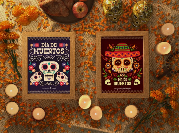 Free Top View Floral Skull In Mock-Ups With Festive Decoration Psd