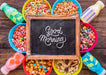 Free Top View Of Chalkboard And Cereal Bowls On Wooden Table Psd