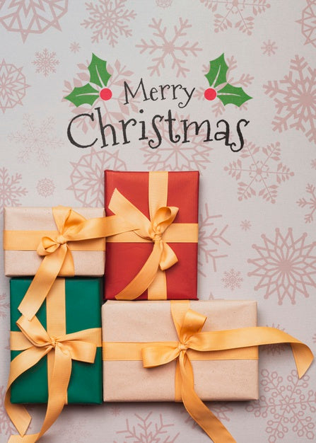 Free Top View Of Colorful Christmas Gifts Psd