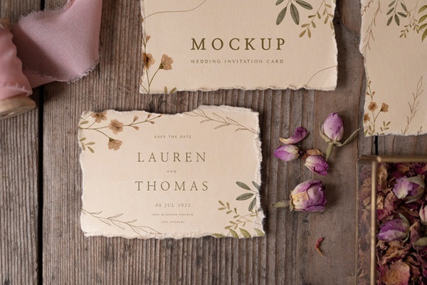 Free Top View Of Paper Mock-Up Rustic Wedding Invitation With Leaves And Flowers Psd