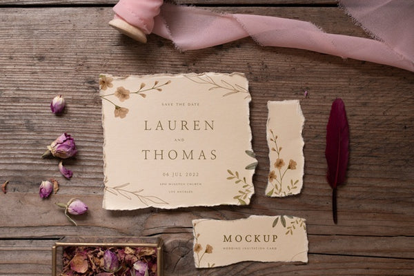 Free Top View Of Paper Mock-Up Rustic Wedding Invitation With Leaves And Flowers Psd