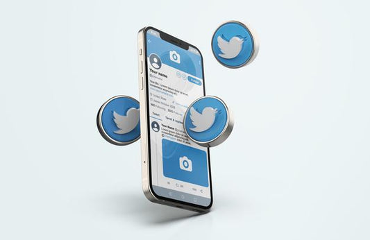 Free Twitter On Silver Mobile Phone Mockup With 3D Icons Psd