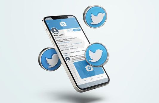 Free Twitter On Silver Mobile Phone Mockup With 3D Icons Psd