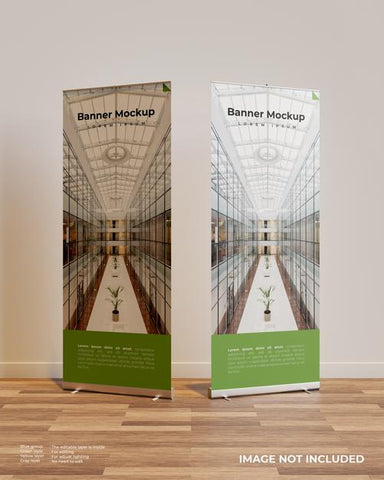 Free Two Roll Up Banner Mockup In Interior Scene Psd