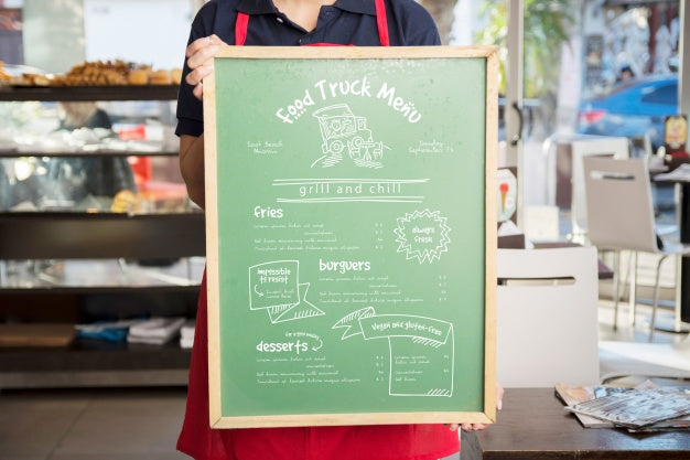 Free Waitress Presenting Board With Menu Psd