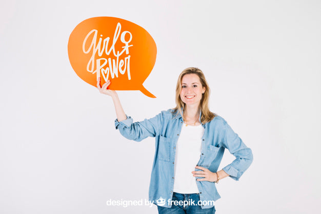 Free Woman Holding Speech Bubble Mockup Psd