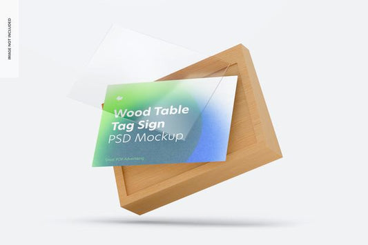 Free Wood Table Advertising Tag Sign Mockup, Falling Psd